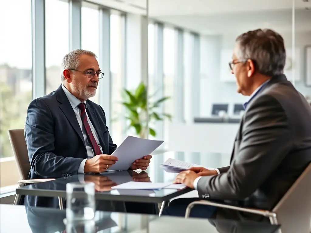 A professional financial advisor sitting at a desk, reviewing retirement plans with a South African client in a modern office setting. The scene conveys trust and expertise.