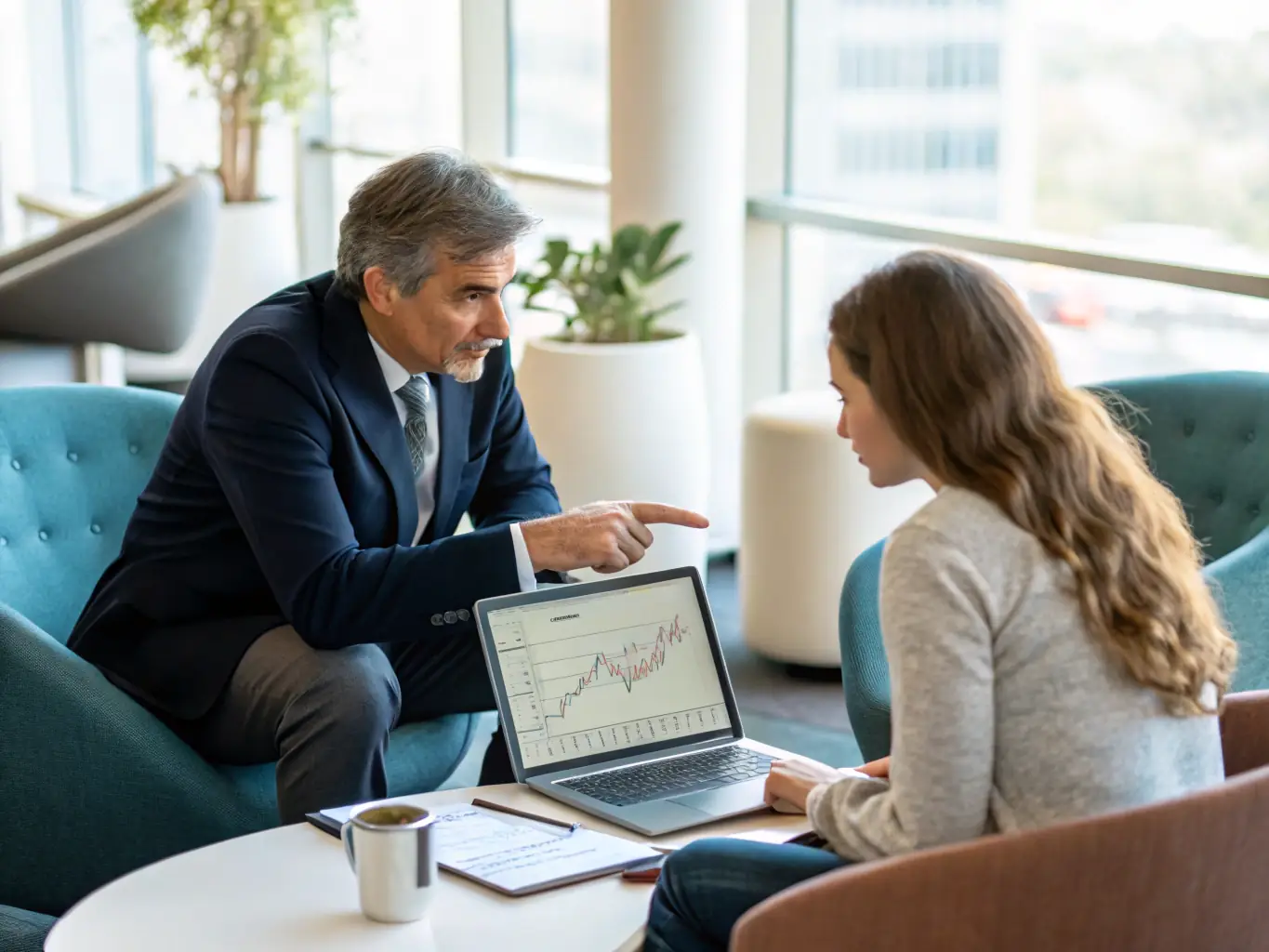 A financial advisor presenting various pension and investment options to a client using charts and brochures, showcasing the diversity and potential of the investment solutions.