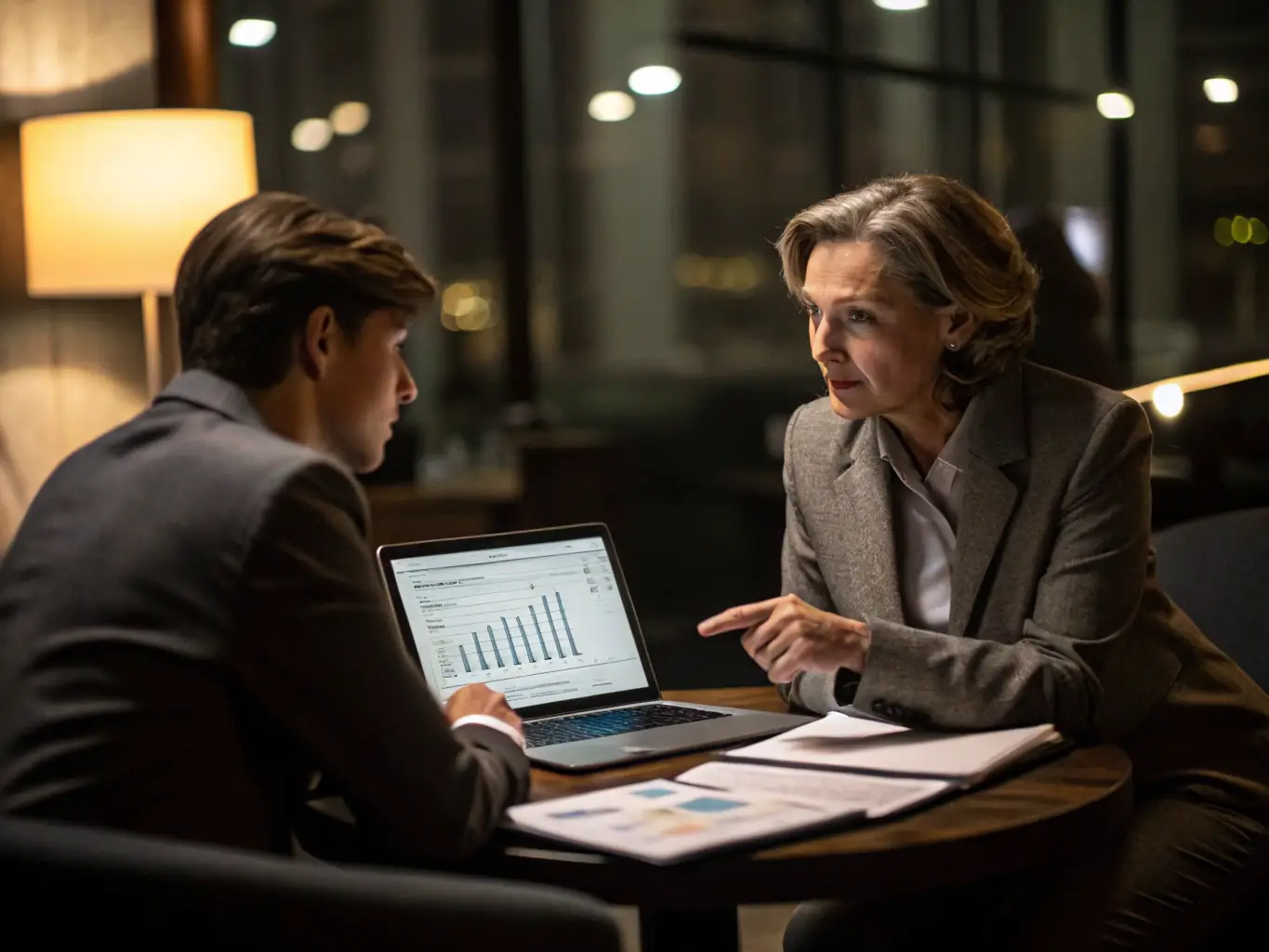 An advisor discussing retirement plans with a client in a professional office setting, emphasizing personalized financial advice and a comfortable, trusting atmosphere.